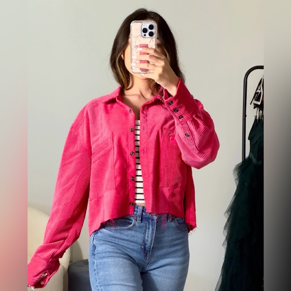 m | urban outfitters drop shoulder cropped hot pink corduroy shacket